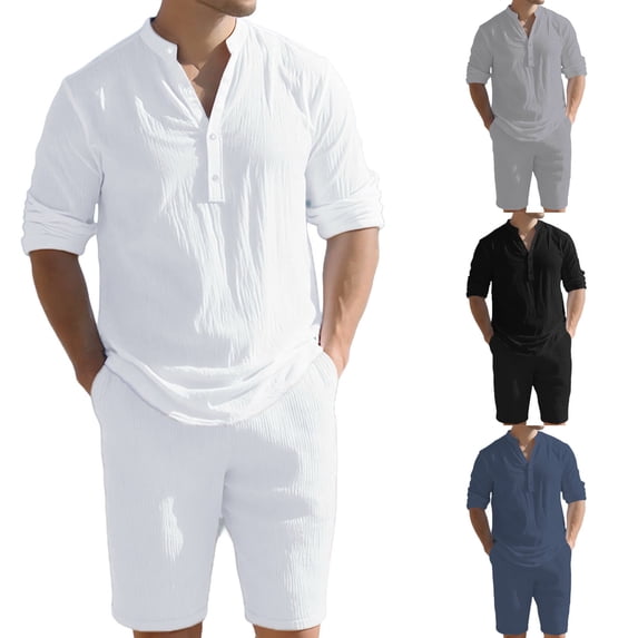 VBVC Men's 2 Piece Linen-Cotton Outfit Set,Long Sleeve Shirt and Drawstring Shorts For Men,White,S-3XL