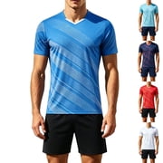 VBVC Men's 2 Piece Soccer Jersey Sets , Quick Dry Gradient Striped V-Neck Athletic Outfits , Football Training Running Uniforms For Men,Red,M-4XL