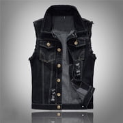 VBVC Mens Button Down Studded Punk Denim Vest , Sleeveless Biker Jean Jacket For Men,Black,M-5XL