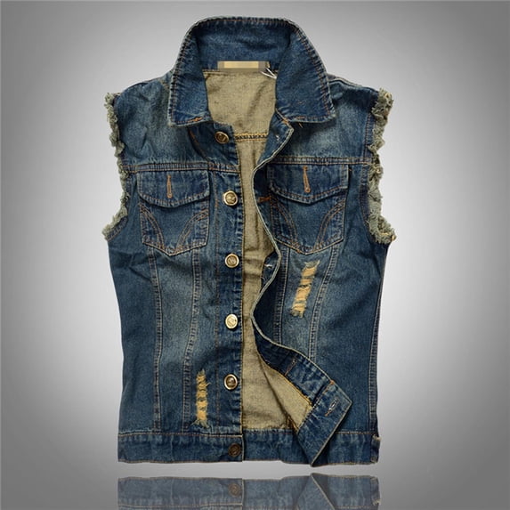 VBVC Men's Button Down Studded Punk Denim Vest , Sleeveless Biker Jean Jacket For Men,Dark Blue,M-5XL