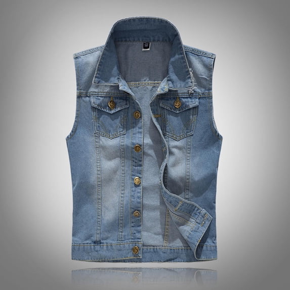 VBVC Men's Button Down Studded Punk Denim Vest , Sleeveless Biker Jean Jacket For Men,Light Blue,M-5XL