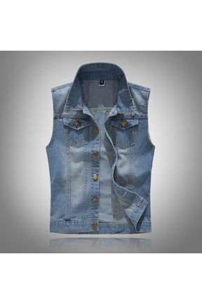 Men's Button Down Studded Punk Denim Vest , Sleeveless Biker Jean Jacket For Men,Light Blue,M-5XL