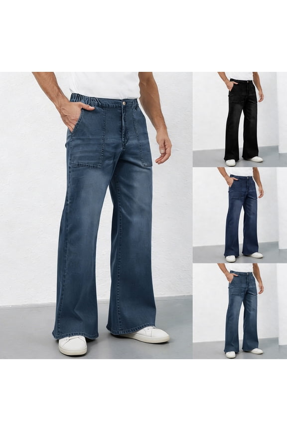 Men's Button Fly Wide Leg Palazzo Jeans with Pockets, Casual Washed Denim Pants For Men,Black,S-3XL