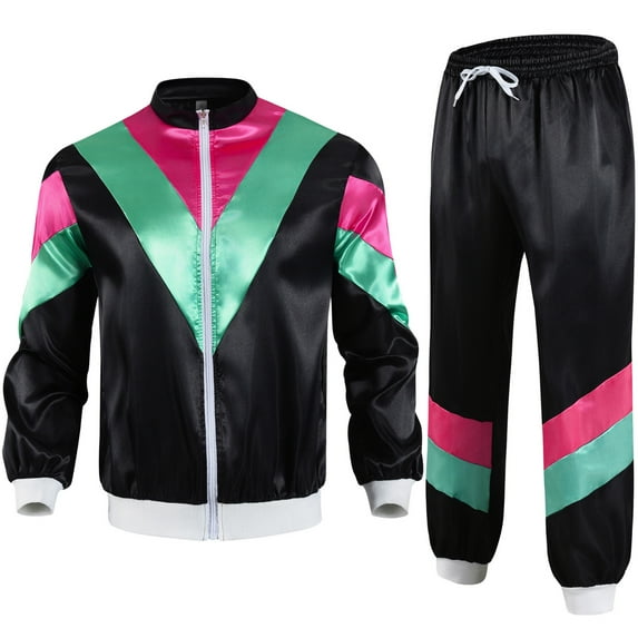 VBVC Men's Carnival 2 Piece Tracksuit,80s 90s Windbreaker Jacket and Jogger Pants,Colorblock Hip Hop Outfit For Men,Black,Size L
