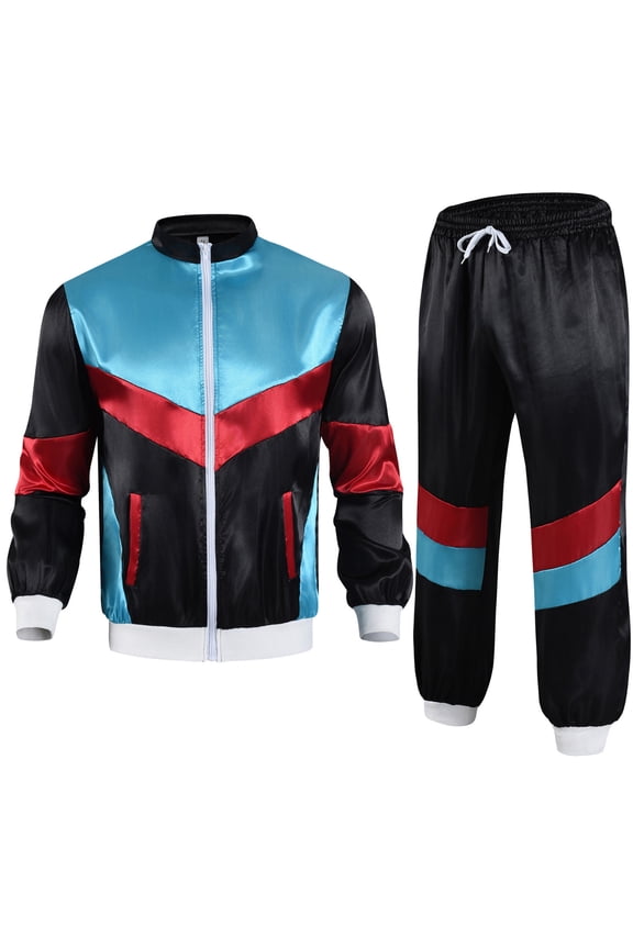 Men's Carnival 2 Piece Tracksuit,80s 90s Windbreaker Jacket and Jogger Pants,Colorblock Hip Hop Outfit For Men,Multicolor,Size L
