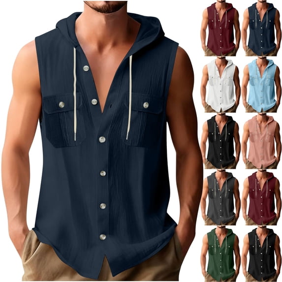 VBVC Men's Cotton-Linen Sleeveless Hooded Shirt , Button Down Chest Pocket Tank Top For Men,Blue,S-2XL