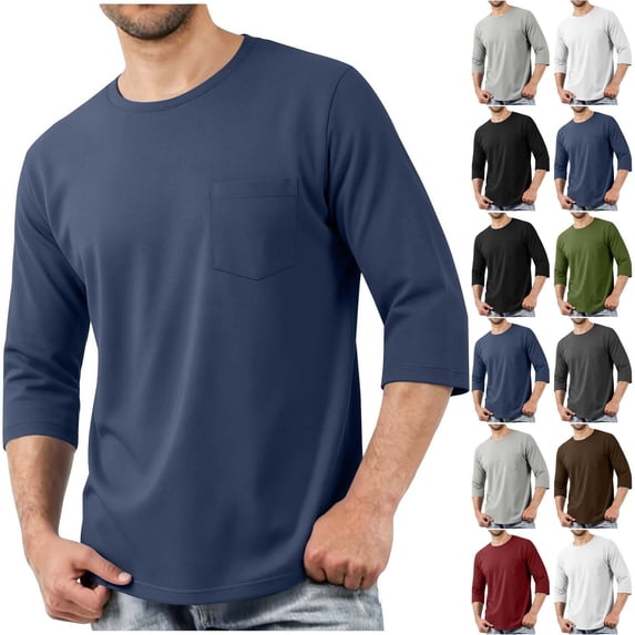 VBVC Men's Crew Neck 3/4 Sleeve T-Shirt , Chest Pocket Basic Daily Tee For Men,Navy,S-3XL