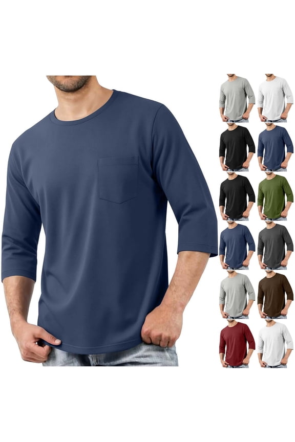 Men's Crew Neck 3/4 Sleeve T-Shirt , Chest Pocket Basic Daily Tee For Men,White,S-3XL