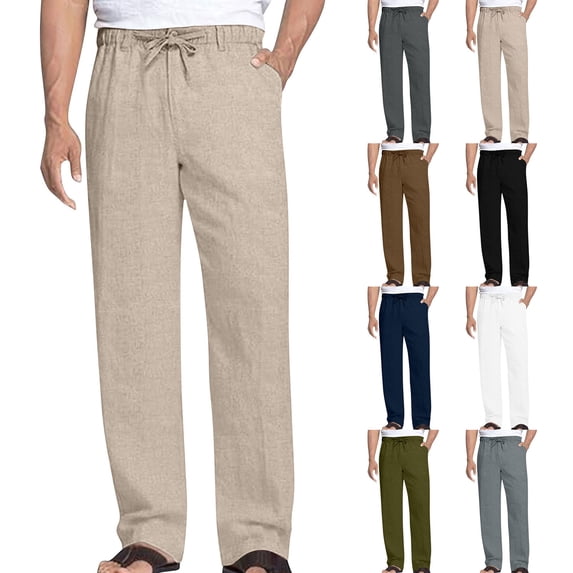 VBVC Men's Drawstring Cotton-Linen Pants with Pockets,Straight Leg Lightweight Trousers For Men,Gray,S-3XL