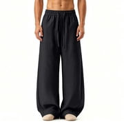 VBVC Men's Drawstring Cotton Linen Pants with Pockets , Wide Leg Beach Trousers For Men, *Black , Large