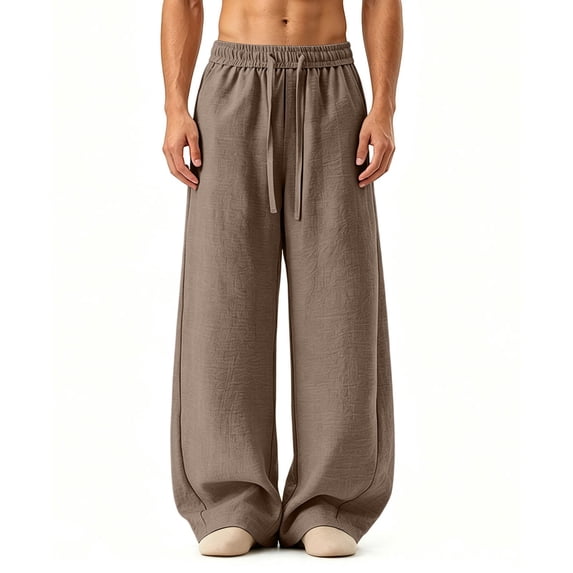 VBVC Men's Drawstring Cotton Linen Pants with Pockets , Wide Leg Beach Trousers For Men, *Coffee , X-Large