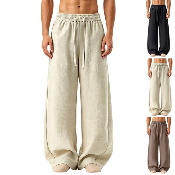 VBVC Men's Drawstring Cotton Linen Pants with Pockets , Wide Leg Beach Trousers For Men, *Khaki , Large
