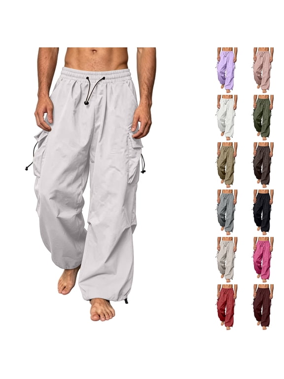 Men's Drawstring Parachute Cargo Pants with Pockets , Adjustable Streetwear Wide Leg Joggers For Men, Black , XS-4XL