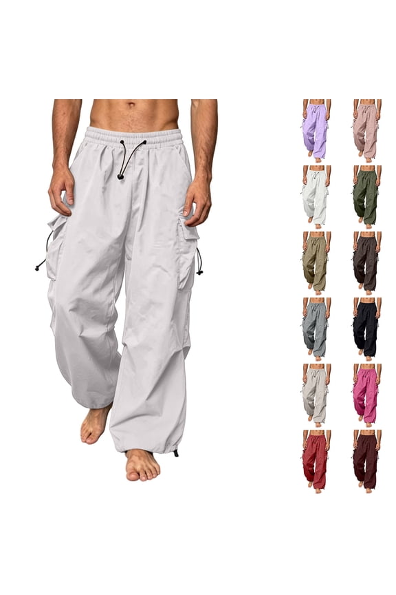 Men's Drawstring Parachute Cargo Pants with Pockets , Adjustable Streetwear Wide Leg Joggers For Men, Gray , XS-4XL