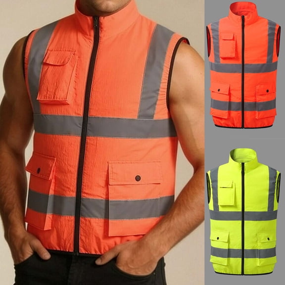 VBVC Men's High Visibility Reflective Fan Vest with Multiple Pockets,Cooling Workwear Sleeveless Work Jacket For Men,Orange,S-3XL
