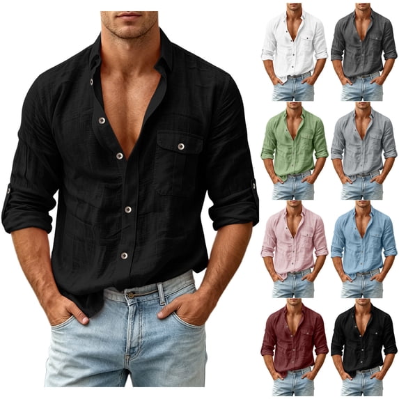 VBVC Men's Long Sleeve Button Down Shirt with One Button Pocket, Casual Long Sleeve Sleeve Work Tops For Men, Gray , S-2XL