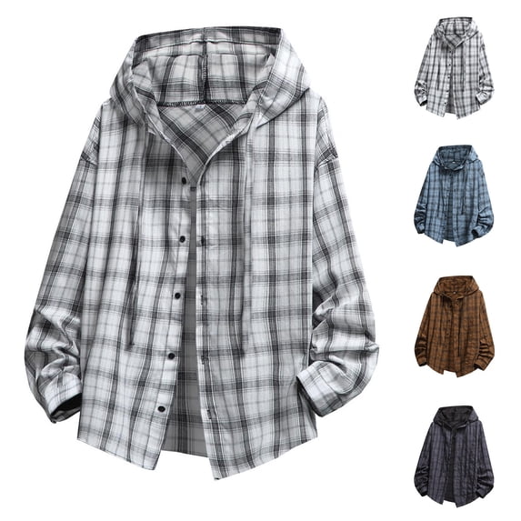 VBVC Men's Oversized Plaid Hooded Button Down Shirt,Long Sleeve Drawstring Hoodie Blouse For Men,Blue,S-3XL