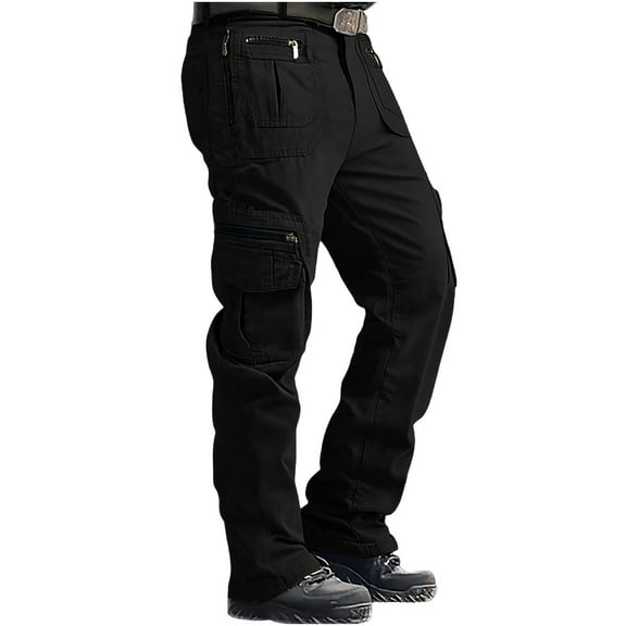 VBVC Men's Plus Size Cotton Cargo Pants with Multi Pockets,Work Hiking Zipper-Up Trousers For Men,Black,Size L