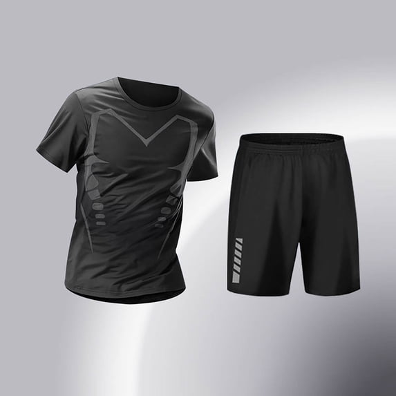 VBVC Men's Quick Dry Graphic 2 Piece Workout Set, Short Sleeve Athletic Tracksuit for Running Gym Training,Black,S-3XL