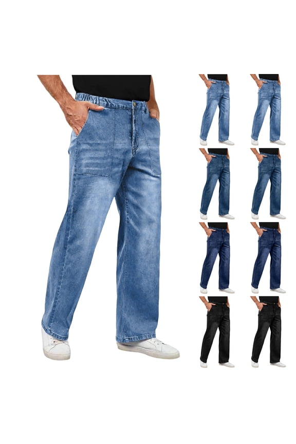 Men's Relaxed Fit Wide Leg Jeans with Pockets , Button Fly Washed Denim Pants For Men,Blue,S-2XL