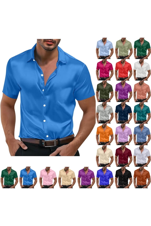 Men's Satin Short Sleeve Dress Shirt,Shiny Silk-Like Button Down Formal Business Top for Men,Light Blue,S-5XL