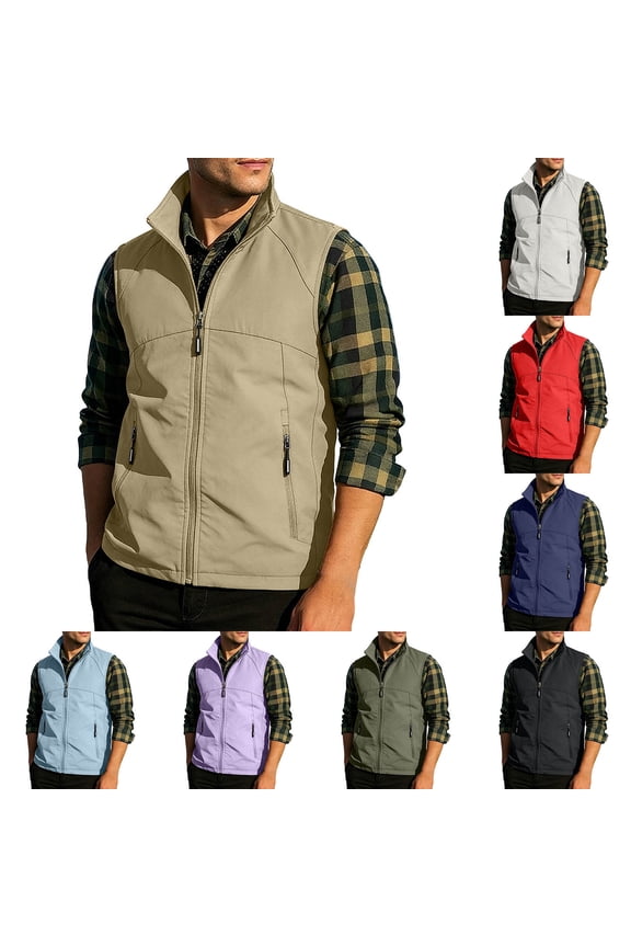Men's Softshell Stand Collar Vest with Pockets , Full Zip Sleeveless Lightweight Outdoor Jacket For Men,Army Green,XXS-3XL