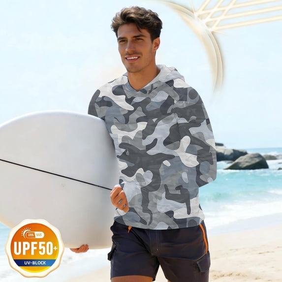VBVC Men's Tropical Leaf UPF 50+ Sun Protection Hoodie,UV Block Lightweight Quick Dry Rash Guard Shirt for Men,Gray,S-3XL