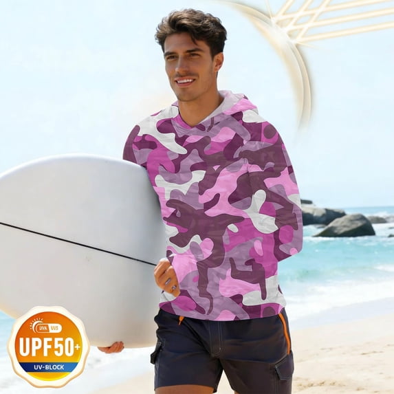 VBVC Men's Tropical Leaf UPF 50+ Sun Protection Hoodie,UV Block Lightweight Quick Dry Rash Guard Shirt for Men,Pink,S-3XL