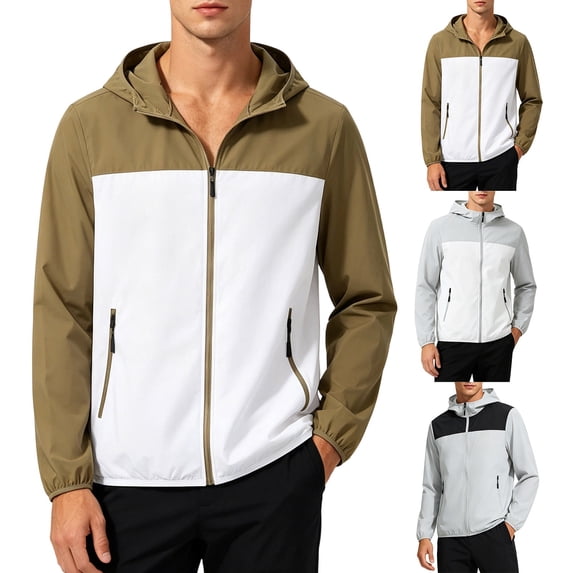 VBVC Men's UPF 50+ Color Block Hooded Windbreaker Jacket with Zip Pockets,Full Zip Outdoor Hiking Running Rain Jacket For Men,Gray,S-4XL
