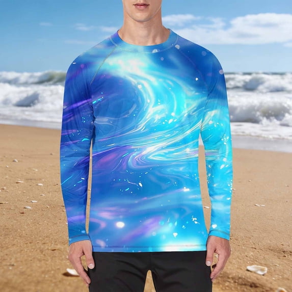 VBVC Men's UPF 50+ Long Sleeve Rash Guard T-Shirt,Colorful Swirl Quick Dry Lightweight Swim Shirt For Men,Sky Blue,S-5XL
