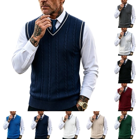 VBVC Men's V Neck Cable Knit Sweater Vest, Business Casual Contrast ...