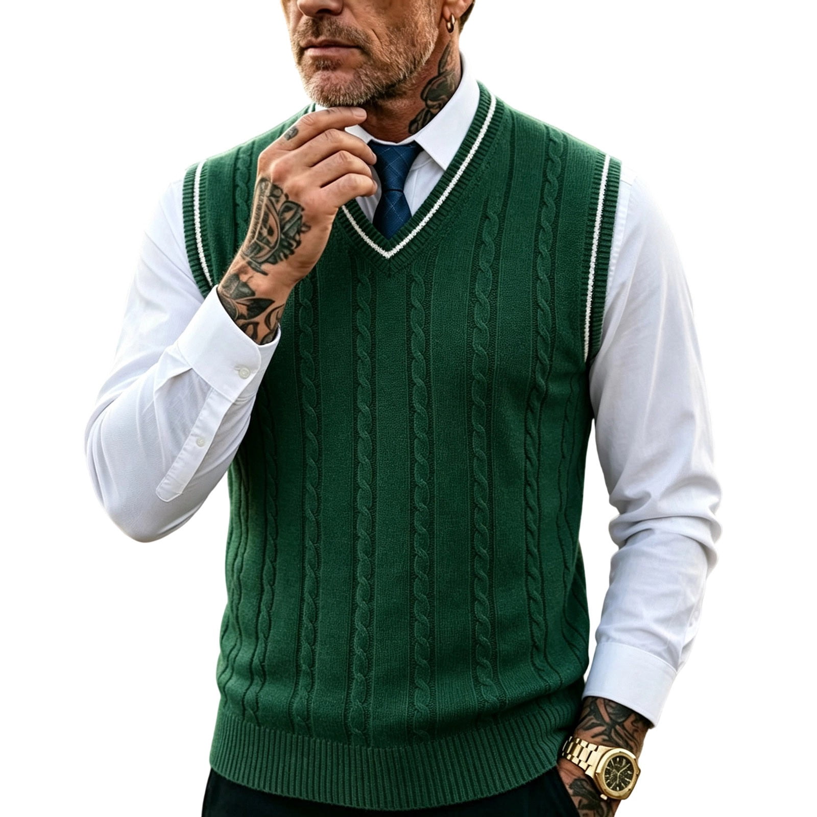 VBVC Men's V Neck Cable Knit Sweater Vest, Business Casual Contrast ...