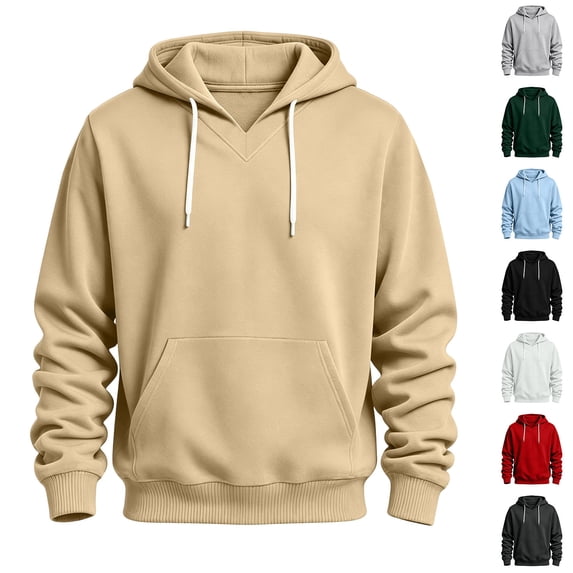 VBVC Men's V Neck Pullover Hoodie With Kangaroo Pocket, Drawstring Long Sleeve Casual Basic Sweatshirt For Men, Khaki , S-3XL