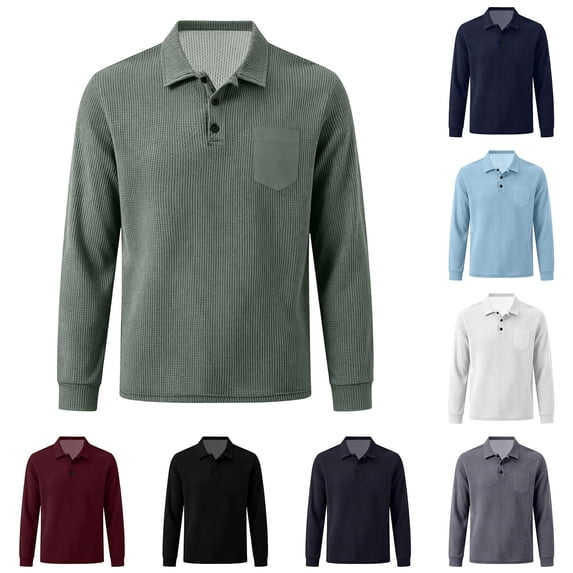 VBVC Men's Waffle Long Sleeve Collared Shirt with Pockets , Button Down Golf Shirt For Men, Dark Gray , S-3XL