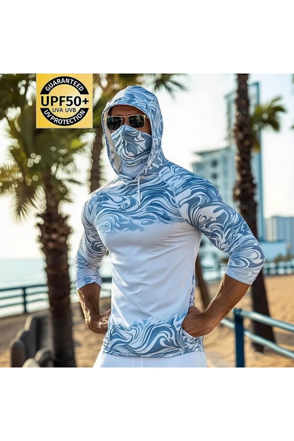 Men's Wave Print UPF 50+ Sun Protection Hoodie,Full Face Cover Quick Dry Fishing Shirt For Men,UV Block Long Sleeve Rash Guard for Beach Hiking,Light Blue,S-3XL