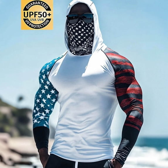 VBVC Men's Wave Print UPF 50+ Sun Protection Hoodie,Full Face Cover Quick Dry Fishing Shirt For Men,UV Block Long Sleeve Rash Guard for Beach Hiking,Red,S-3XL