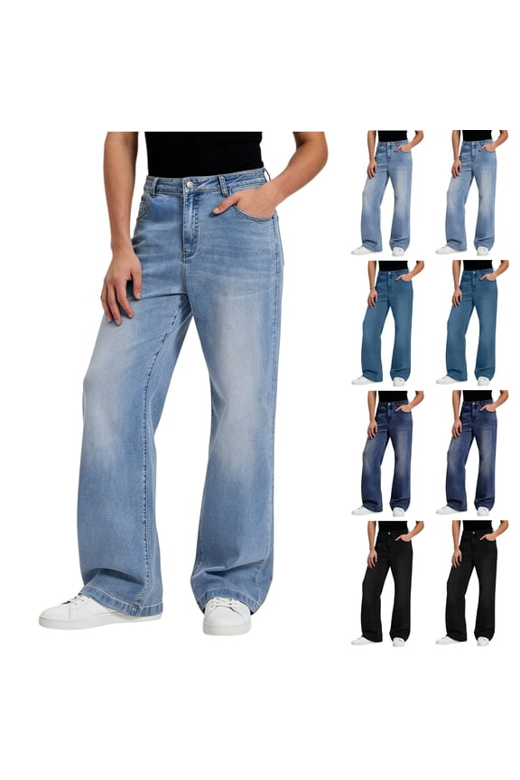 Men's Wide Leg Washed Denim Pants, Straight Leg Relaxed Fit Jeans For Men,Light Blue,S-2XL