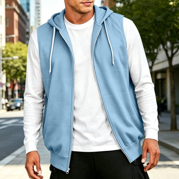 VBVC Men's Zip Up Vest Sleeveless Hoodie with Pockets , Fall Lightweight Drawstring Activewear Jacket For Men, Light Blue , S-3XL