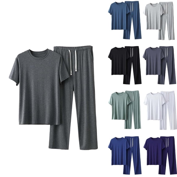 VBVC Men's and Men's Plus 2 Piece Drawstring Set with Pockets,Cotton Short Sleeve Top and Wide Leg Pant For Men,Gray,L-5XL