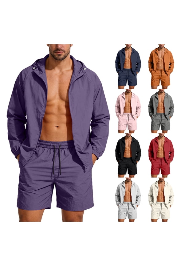 Men's and Men's Plus 2 Piece Sunscreen Windbreaker Set, Zip Up Hooded Jacket and Ice Silk Shorts For Men,Red,S-5XL
