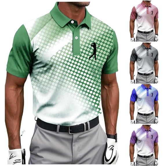 VBVC Men's and Men's Plus Golf Print Short Sleeve Collared Shirt,Breathable Quick Dry Athletic Top For Men,Green,S-5XL