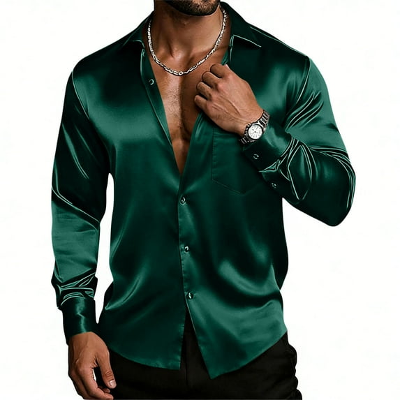 VBVC Men's and Men's Plus Satin Button Down Shirt,Formal Party Casual Shirt For Men with Pocket,Army Green,Size XL