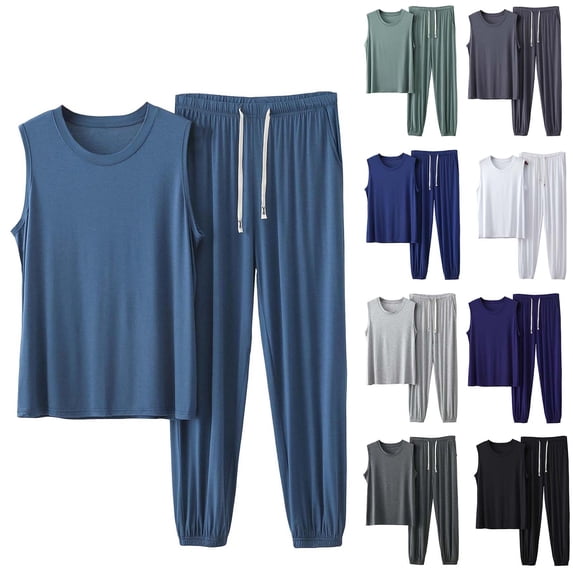 VBVC Men's and Men's Plus Sleeveless Drawstring Loungewear Set with Pockets,Soft Modal Tank Top and Jogger Pant For Men,Green,L-5XL