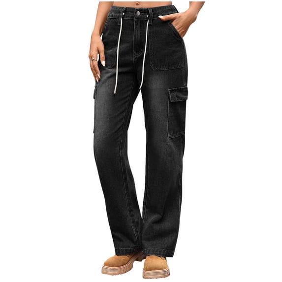 VBVC No Boundarie Women High Waisted Tied Cargo Pants,2 Flap Pocket Trousers For Ladies,Women's Y2K High Waist Long Trousers,Black,Size L