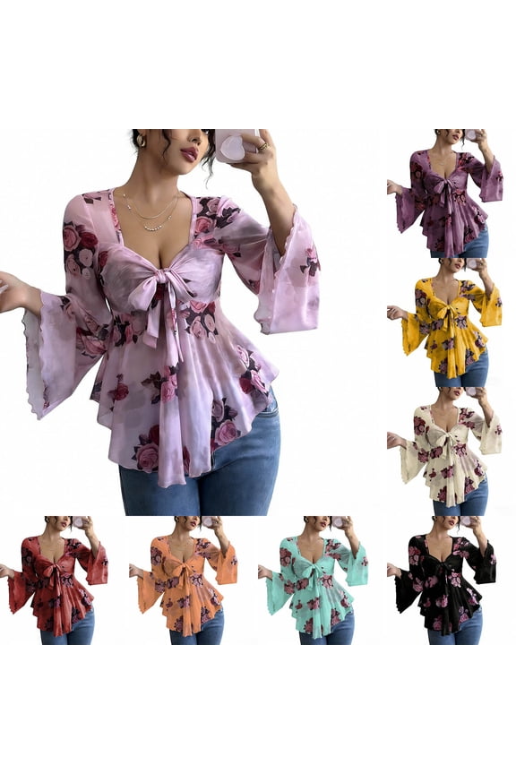No Boundarie Women's Floral Tie Front Blouse,Ladies Deep V-Neck Sheer Mesh Tops,Summer Boho Ruffle Hem T-Shirts For Women,Black,S-XL