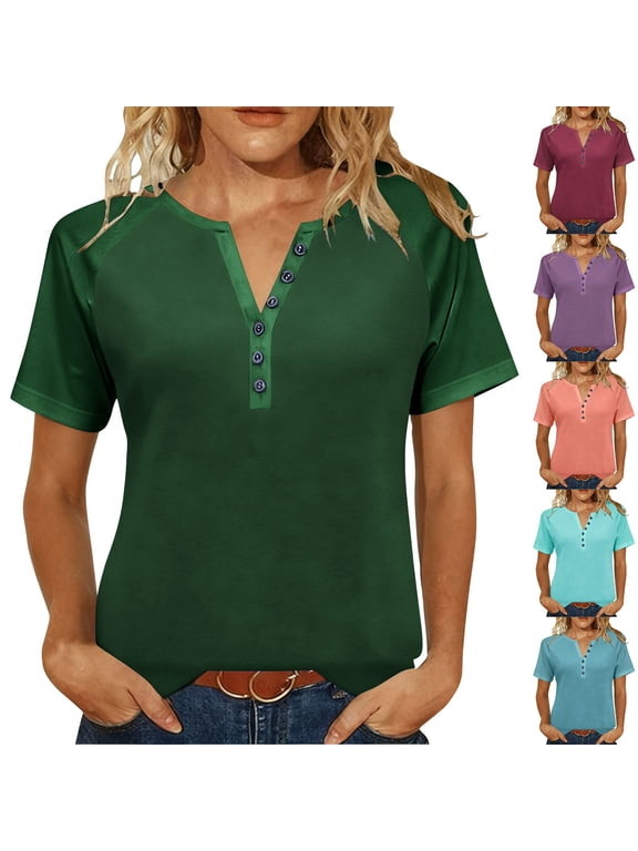 No Boundarie Women's Henley V-Neck T Shirts,Ladies Button-Down Basic Tees,Summer Short Sleeve Tops For Women,Multicolor,S-5XL