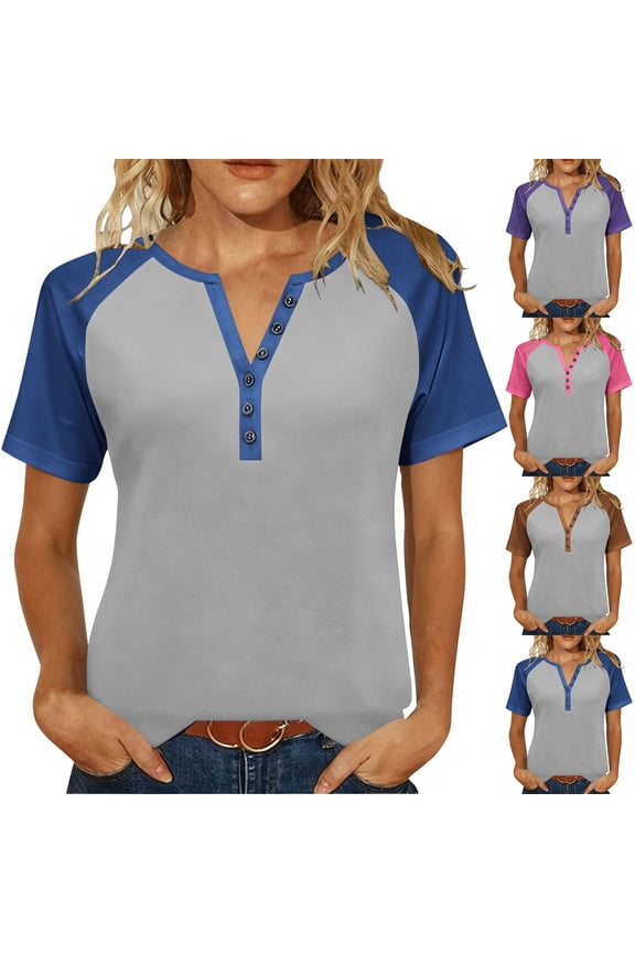 No Boundarie Women's Plus Color Block T-Shirts,Ladies Button-Down Basic Tees,V-Neck Short Sleeve Tops For Women,Brown,S-5XL