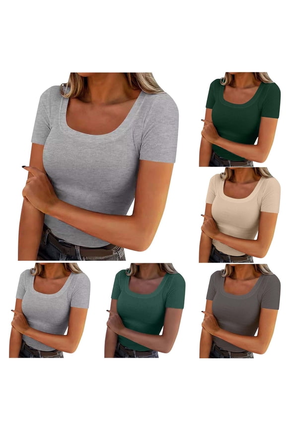 No Boundarie Women's Plus Square Neck Ribbed T-Shirts,Ladies Short Sleeve Basic Tees,Summer Stretchy Tops For Women,Gray,M-3XL