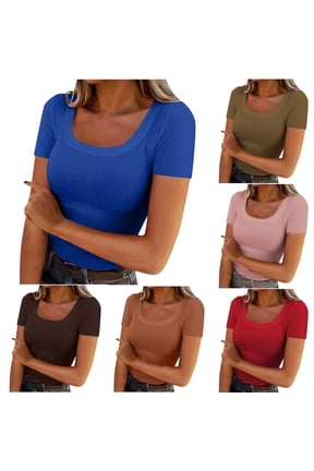 No Boundarie Women's Plus Square Neck Ribbed T-Shirts,Ladies Short Sleeve Basic Tees,Summer Stretchy Tops For Women,Pink,M-3XL