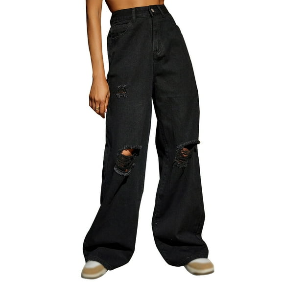 VBVC No Boundarie Womens Oversized Ripped Elastic Waist Pants,Women's Straight Wide Leg Jeans With Pockets,Girl's Y2K Zipper Washed Jean,Black,Size M
